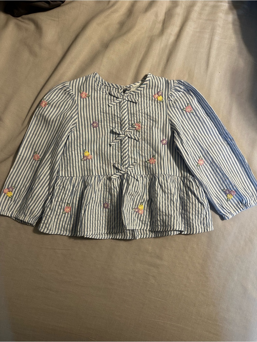 Primark Striped Blue Floral-Embroidered Long-Sleeve Peplum Top - Kids